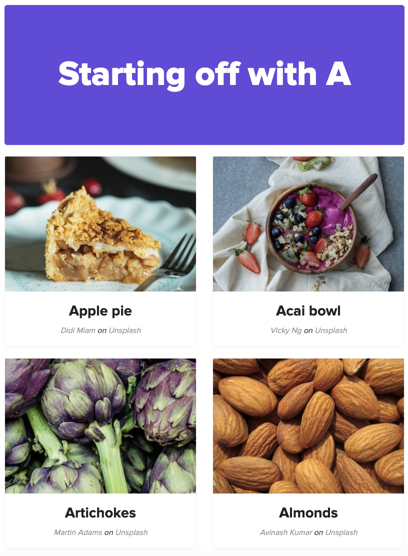 A screenshot of the question starting off with A with the choices apple pie, acai bowl, artichokes, and almonds