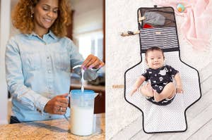 person mixing formula and baby on a changing mat