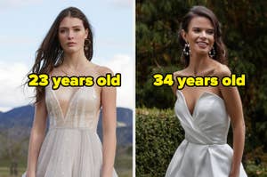 Low v-neck dress and the words 23 years old and strapless dress with the words "34 years old"