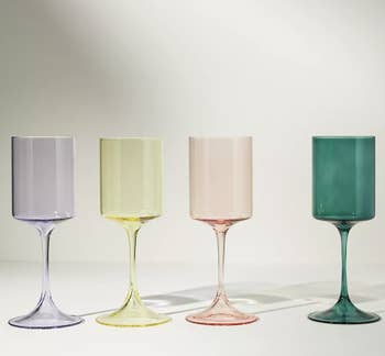 The lilac purple, yellow, pink, and turquoise wine glasses in the assorted pack