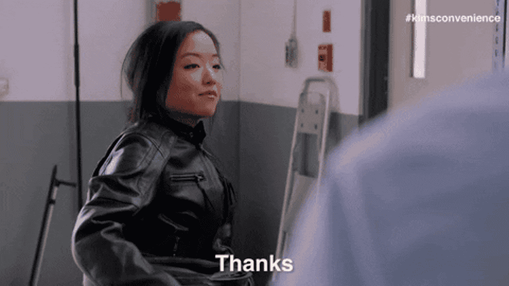 GIF of actor from &quot;Kim&#x27;s Convenience&quot; wearing a leather jacket saying, &quot;Thanks&quot;