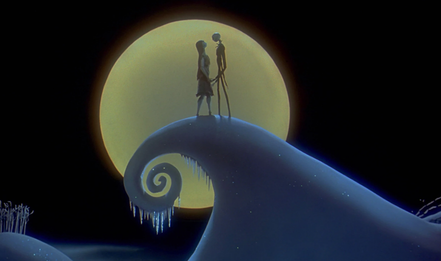 scene from the film where jack and sally are on the snowy cliff