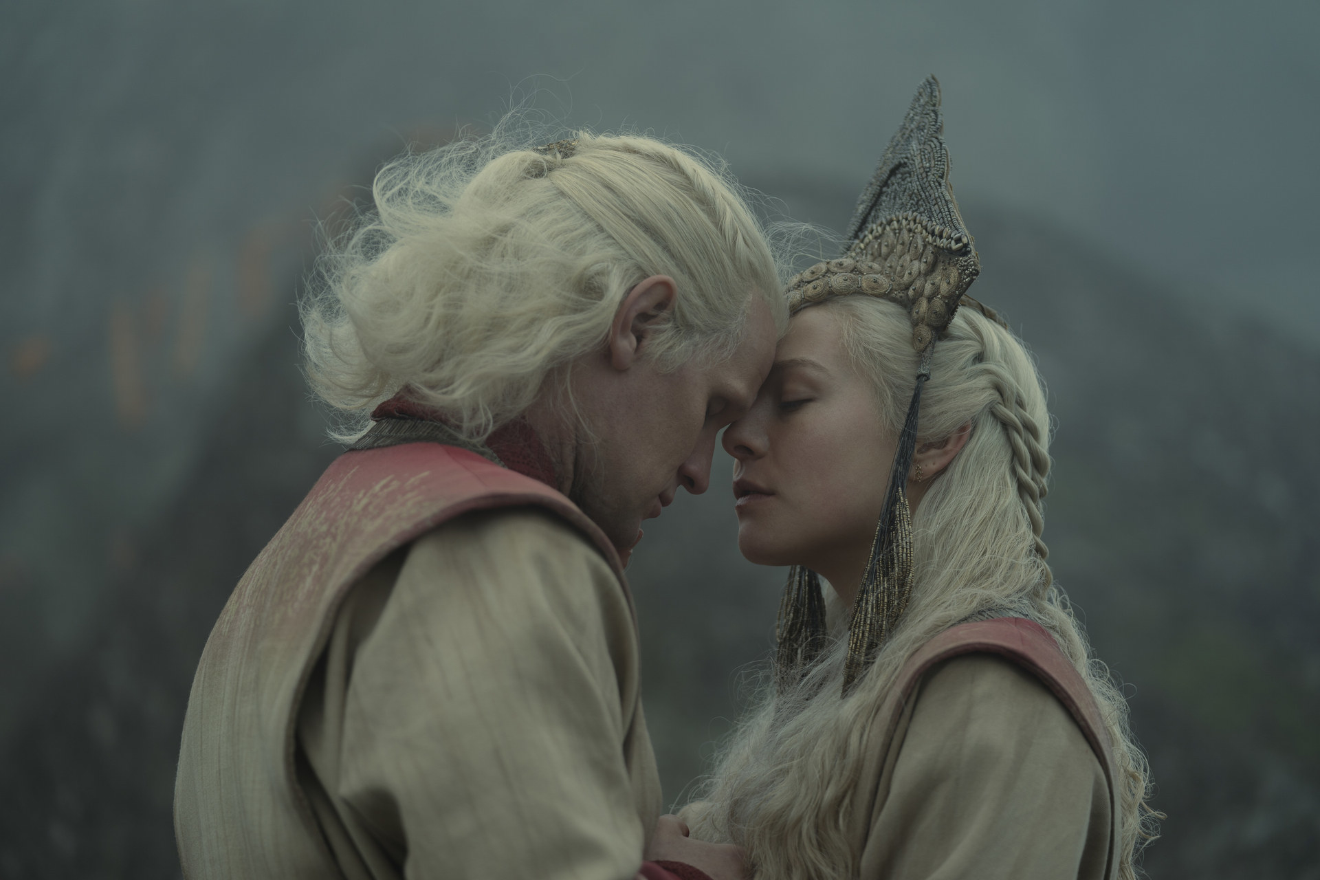 Daemon and Rhaenyra touch foreheads at their wedding