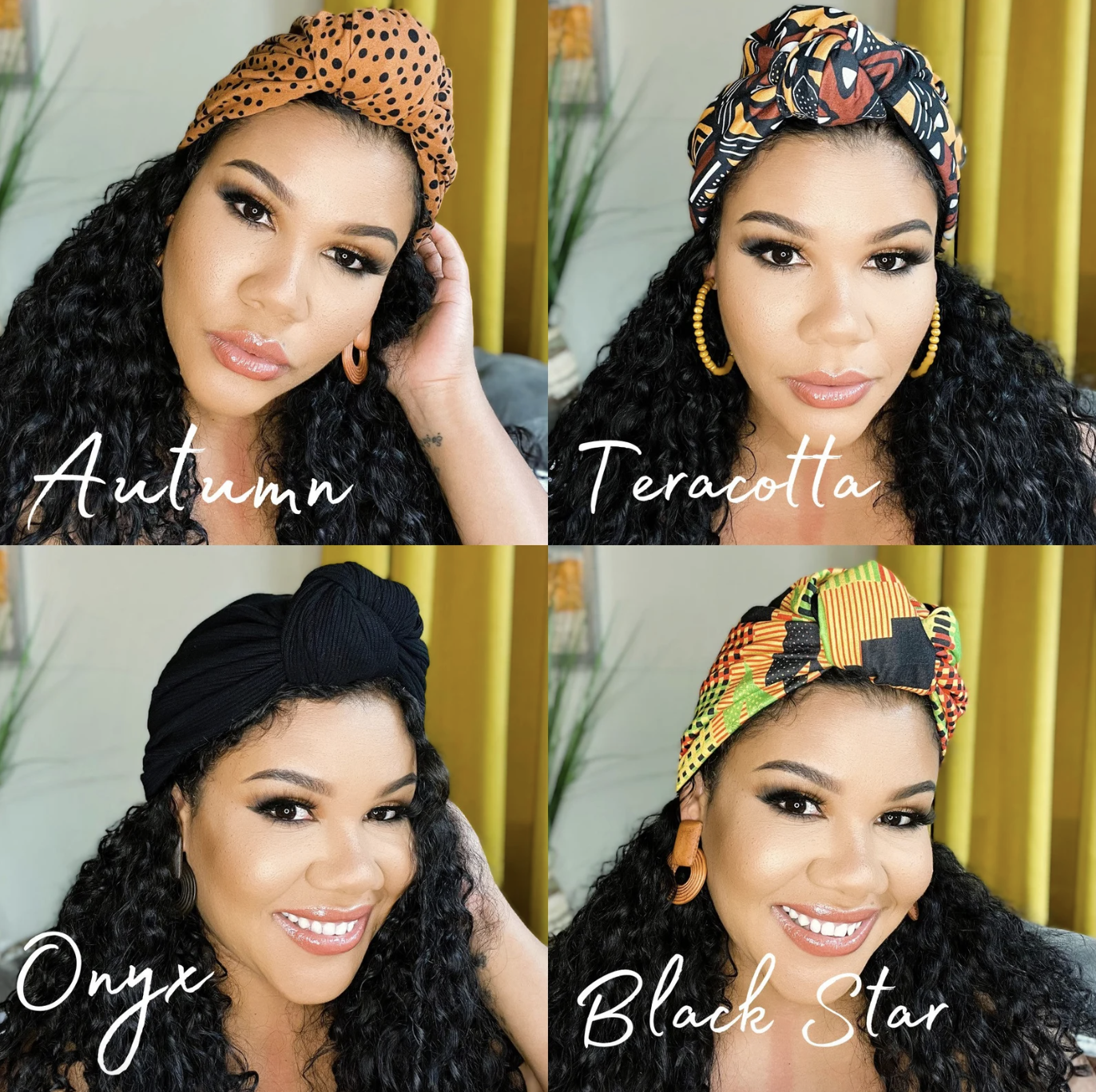 A model in four different colors and prints of the head wrap