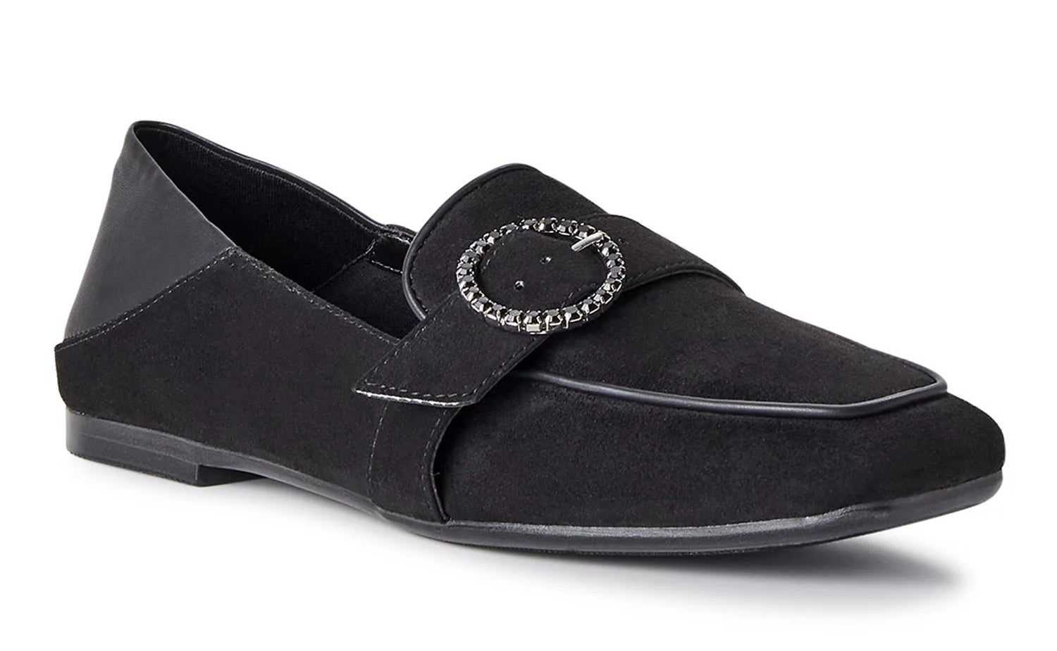 A black loafer with a silver buckle