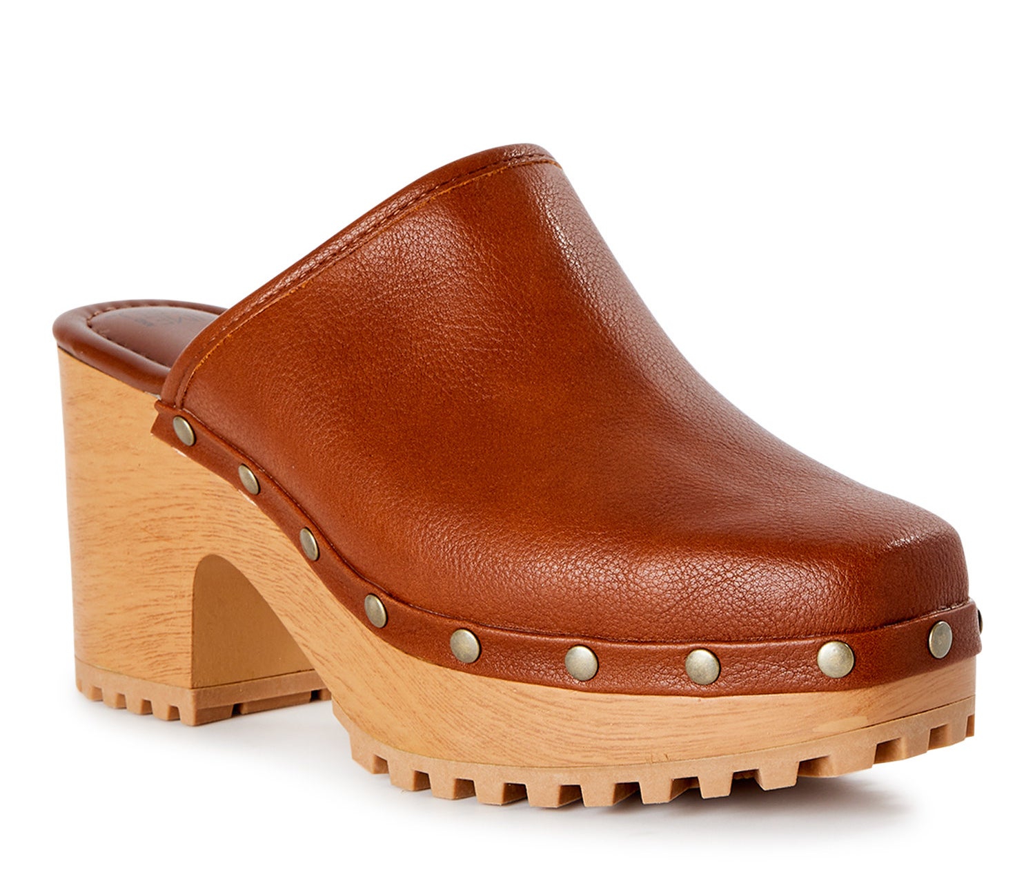 A brown leather shoe with wood