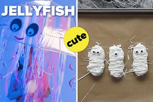 Split frame of jellyfish costume and mummy cookie treat