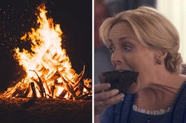 On the left, a bonfire at night, and on the right, Jane Krakowski eating a slice of chocolate cake with her hands as Emily on Dickinson