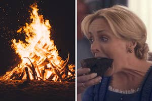 On the left, a bonfire at night, and on the right, Jane Krakowski eating a slice of chocolate cake with her hands as Emily on Dickinson