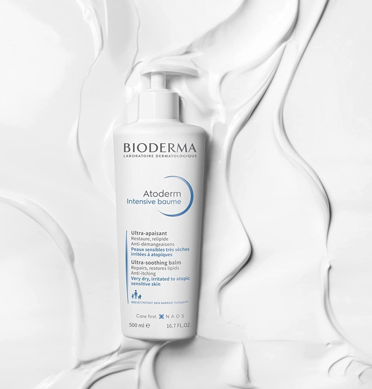 a bottle of the bioderma soothing body lotion on a simple background