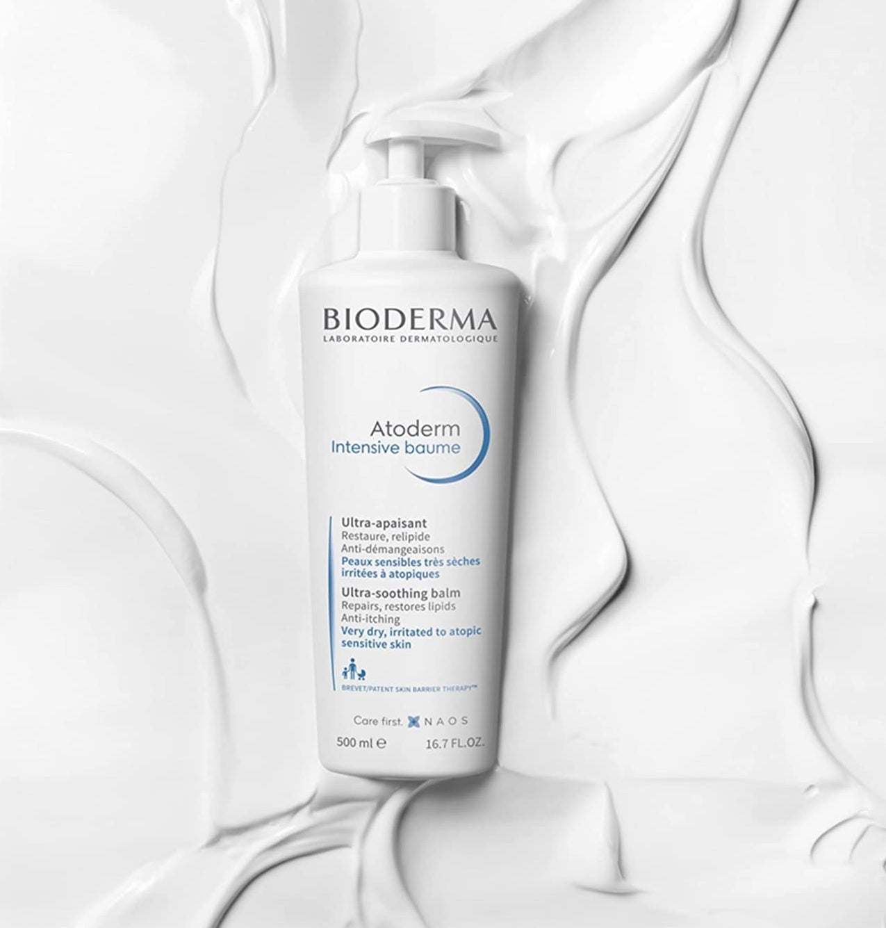 a bottle of the bioderma soothing body lotion on a simple background