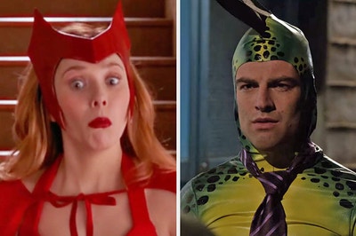 On the left, Wanda from WandaVision dressed as a Sokovian fortune teller, and on the right, Schmidt from New Girl as a well-dressed lizard