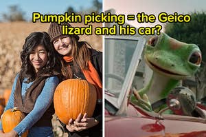 Two women hold pumpkins and a lizard drives a small car