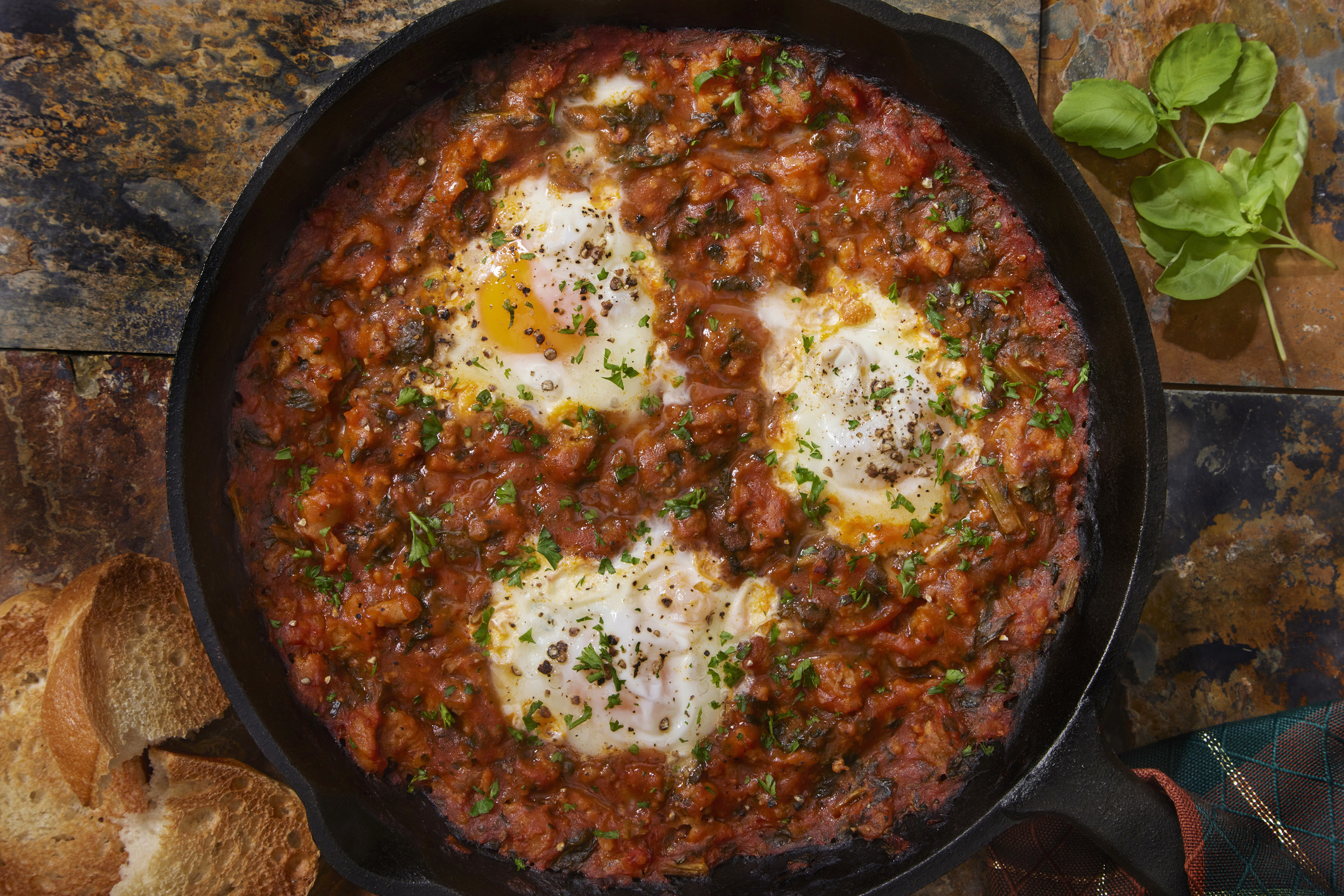 Eggs baked in tomato sauce.