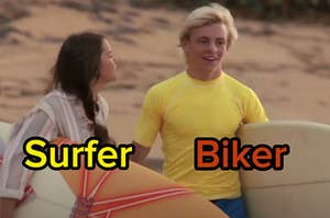 Two characters are on a beach labeled, "Surfer and Biker"