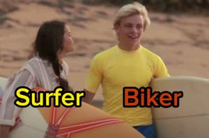 Two characters are on a beach labeled, "Surfer and Biker"