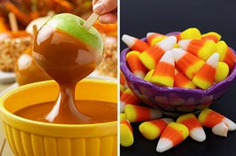 An apple dipped in caramel and a bowl of candy corn