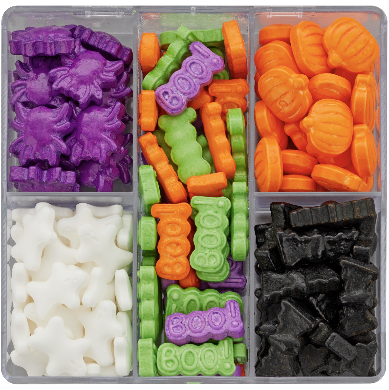 Candies in the shapes of ghosts, spiders, witches, pumpkins, and letters that spell &quot;boo&quot;