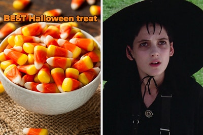 On the left, a bowl of candy corn labeled best Halloween treat, and on the right, Winona Ryder as Lydia in Beetlejuice