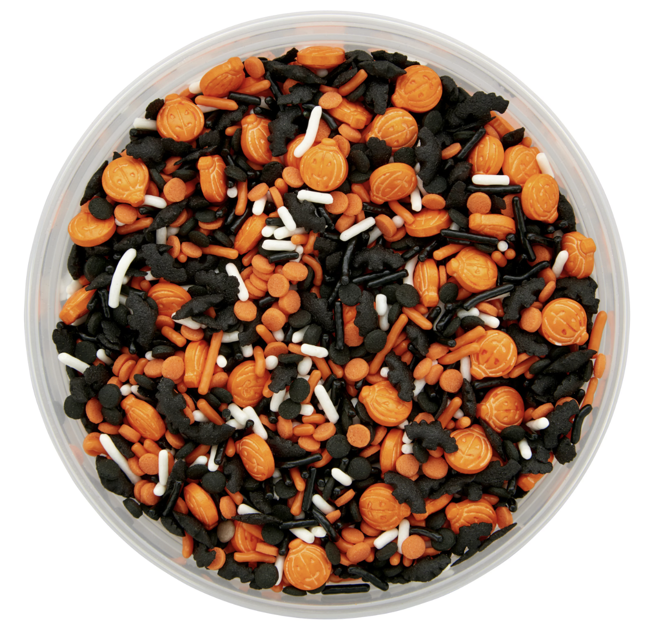 Standard orange and black sprinkles mixed with pumpkin and bat sprinkles