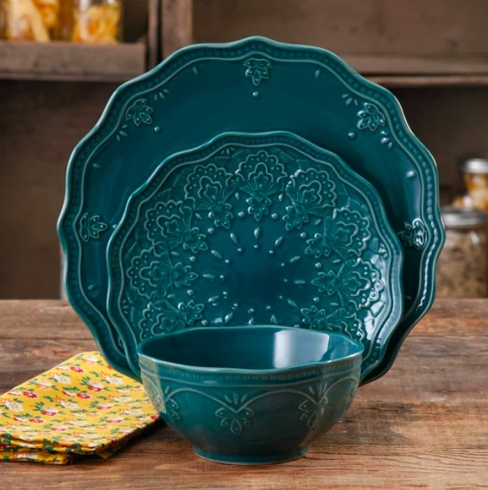 Teal dinner plate, salad plate and bowl