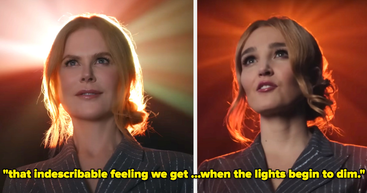 a side-by-side of the two women and the words, &quot;that indescribable feeling we get...when the lights begin to dim&quot;