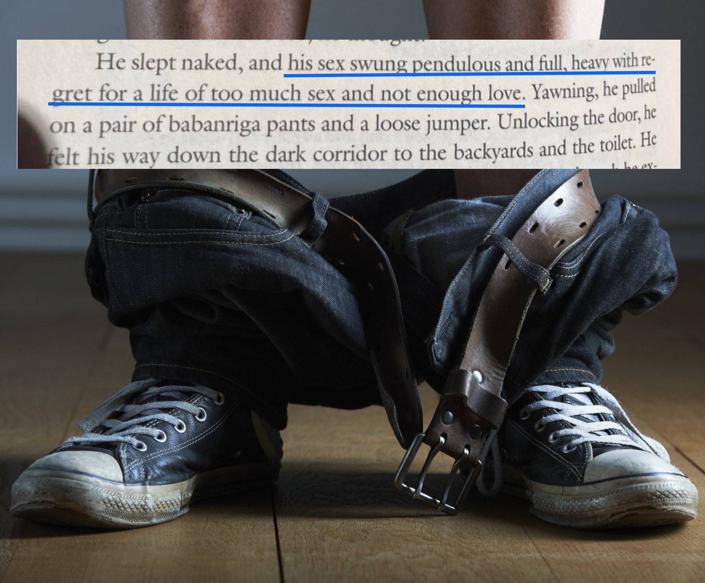 person with shoes and their pants down to ankles (insert) book excerpt