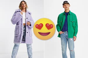 On the left is a woman in jeans and a lilac sherpa coat and on the right is a man in a green shirt coat and jeans