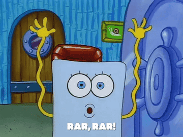 SpongeBob character going &quot;Rar, rar!&quot; and arms raised