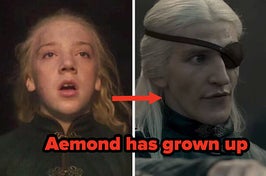 Young Aemond next to older Aemond with the caption "Aemond has grown up"