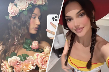 Hailey Bieber wears a cropped top made of flowers with a matching skirt and headband. Kendall Jenner wears a cowboy costume with a red hat.