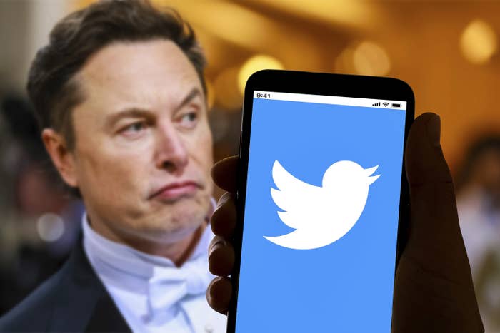 Close-up of Elon with the Twitter logo on a phone next to him