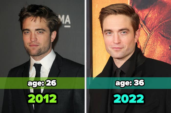 Two images: on the left, Robert Pattinson in 2012 and on the right, Robert Pattinson in 2022
