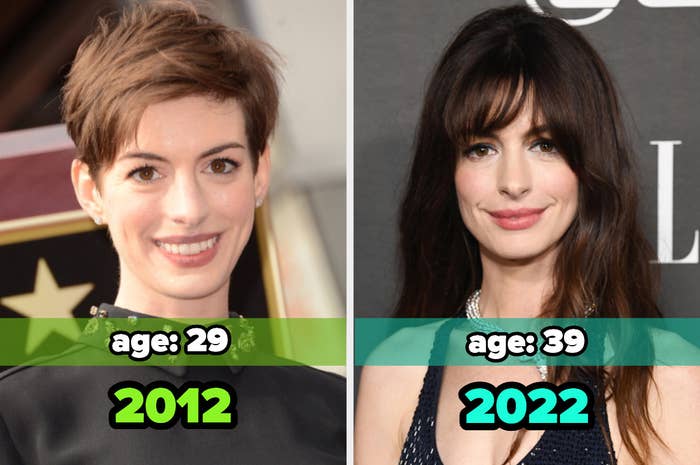 Two images: on the left, Anne Hathaway in 2012 and on the right, Anne Hathaway in 2022
