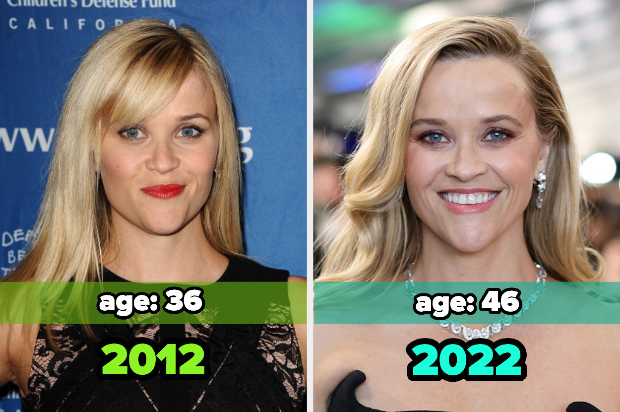 Two images: on the left, Reese Witherspoon in 2012 and on the right, Reese Witherspoon in 2022