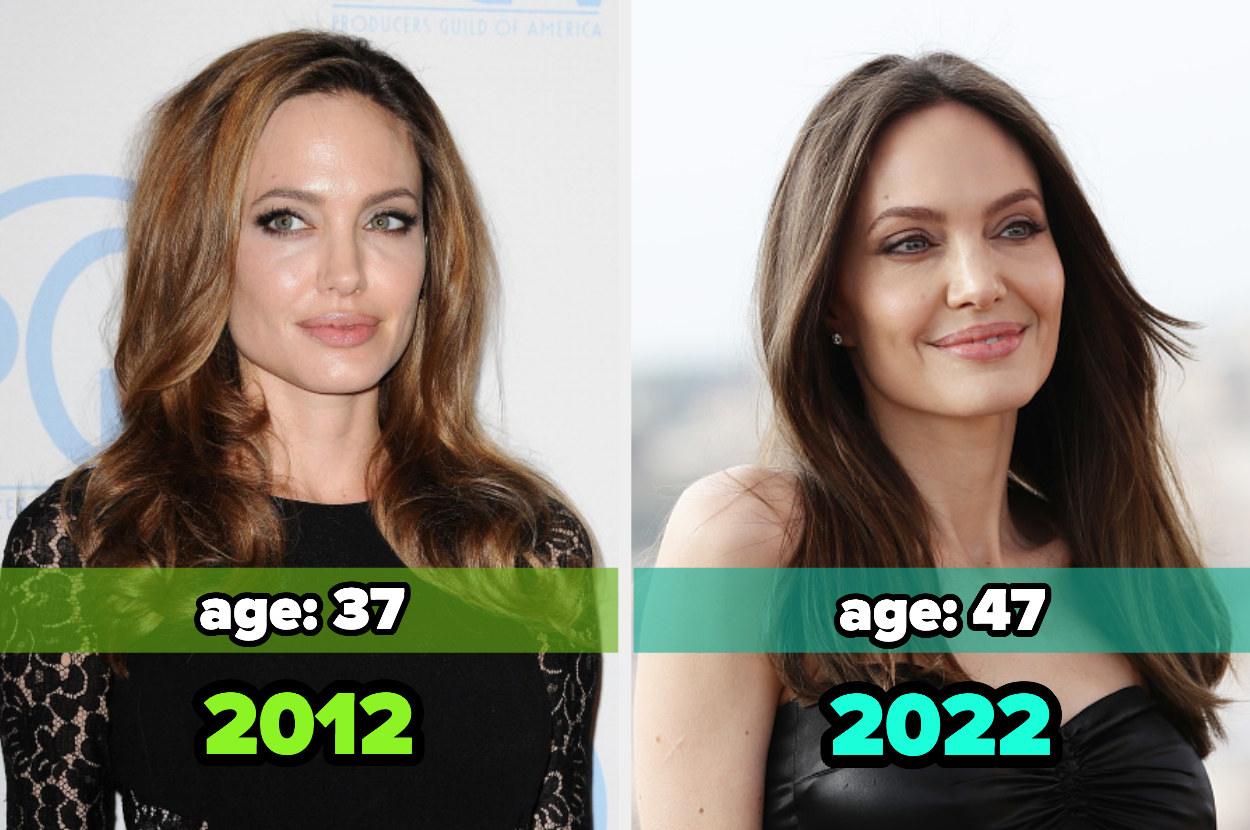 Two images: on the left, Angelina Jolie in 2012 and on the right, Angelina Jolie in 2022