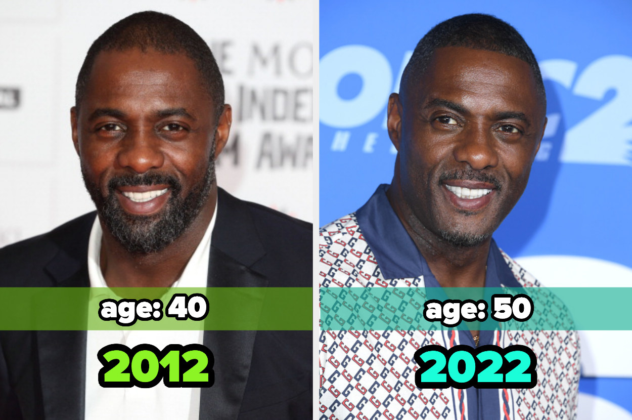Two images: on the left, Idris Elba in 2012 and on the right, Idris Elba in 2022