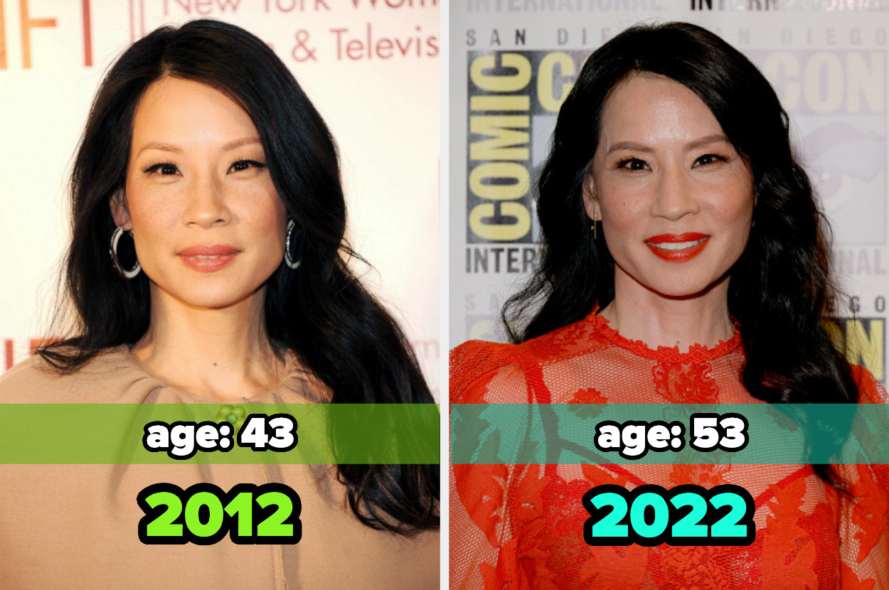 Two images: on the left, Lucy Liu in 2012 and on the right, Lucy Liu in 2022