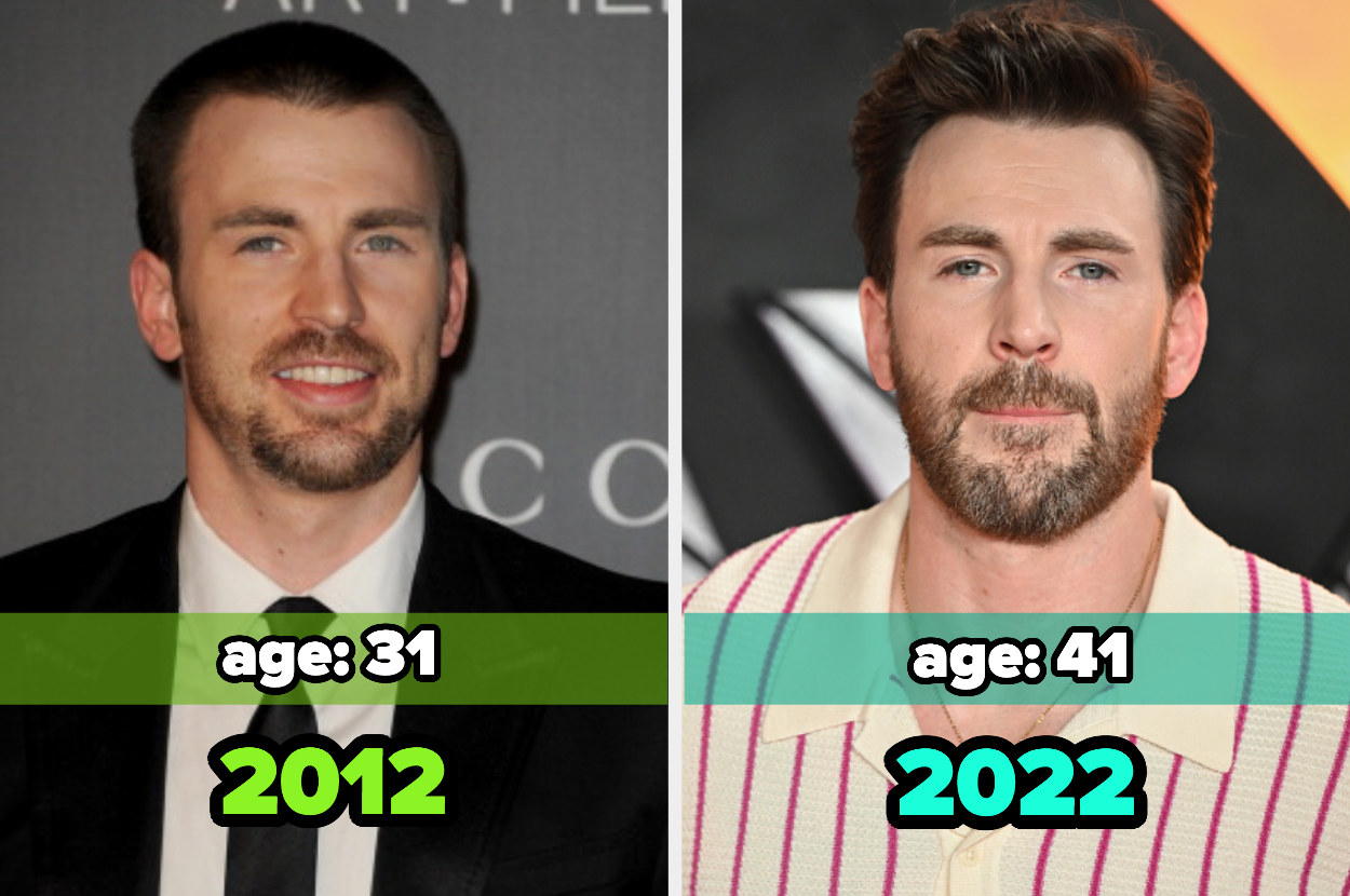 Two images: on the left, Chris Evans in 2012 and on the right, Chris Evans in 2022