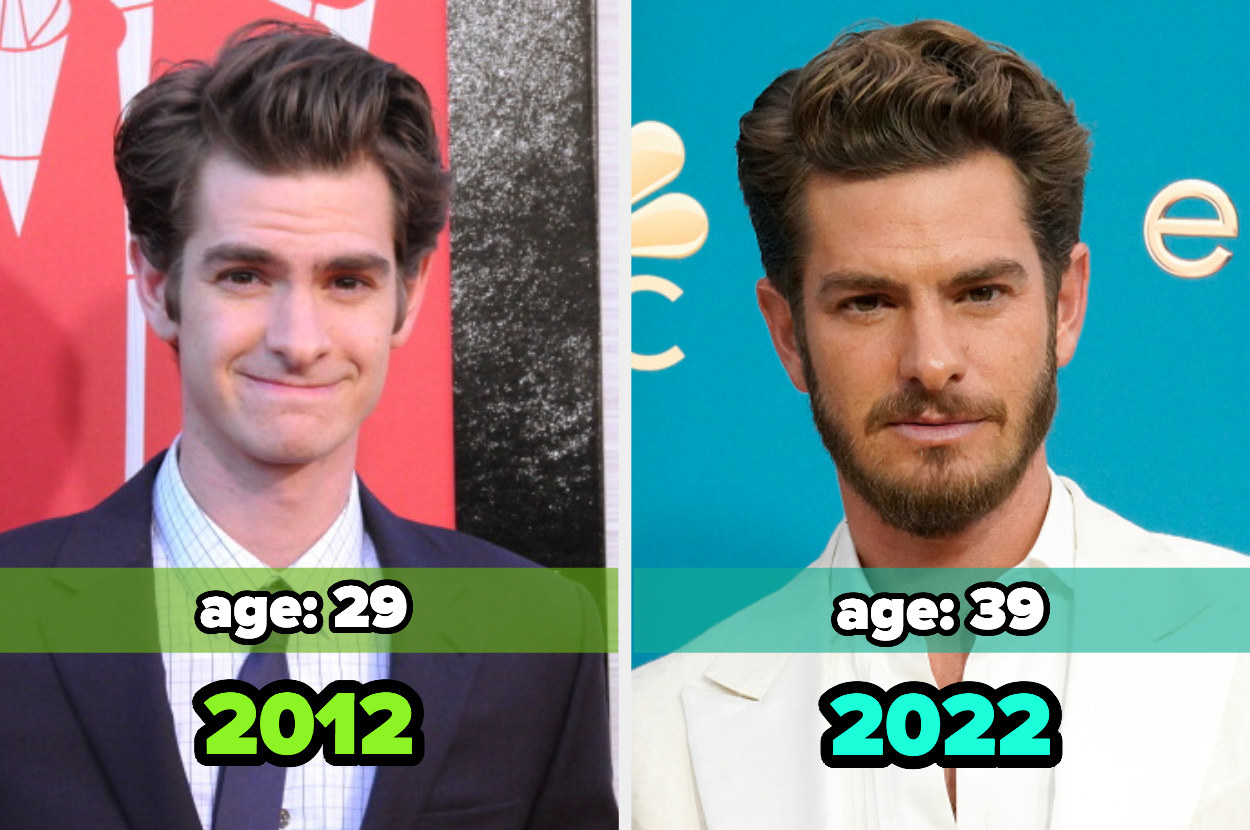 Two images: on the left, Andrew Garfield in 2012 and on the right, Andrew Garfield in 2022