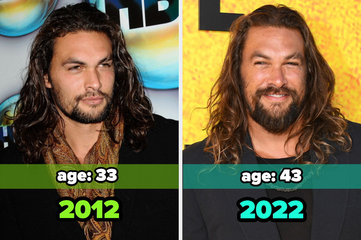 Two images: on the left, Jason Momoa in 2012 and on the right, Jason Momoa in 2022