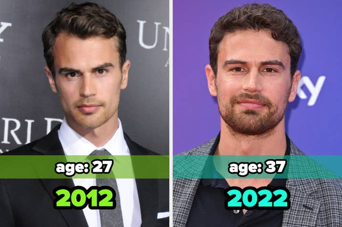 Two images: on the left, Theo James in 2012 and on the right, Theo James in 2022
