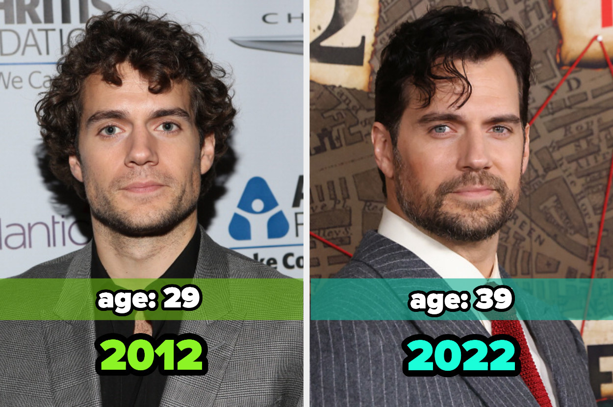 Two images: on the left, Henry Cavill in 2012 and on the right, Henry Cavill in 2022