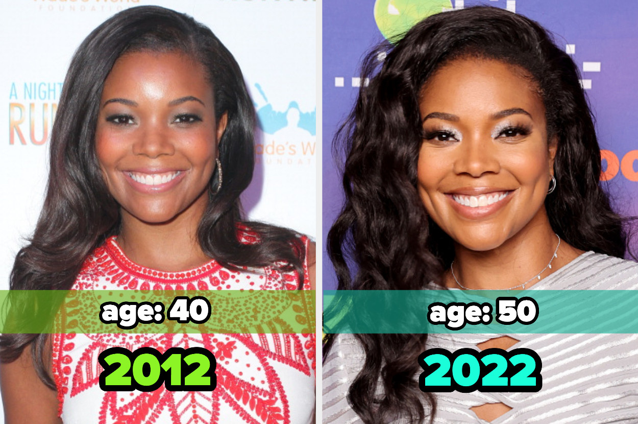 Two images: on the left, Gabrielle Union in 2012 and on the right, Gabrielle Union in 2022