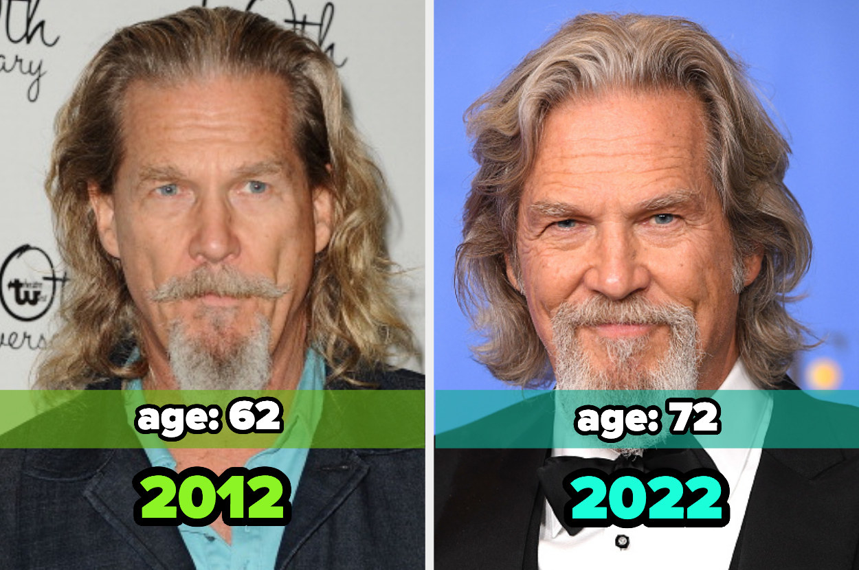 Two images: on the left, Jeff Bridges in 2012 and on the right, Jeff Bridges in 2022