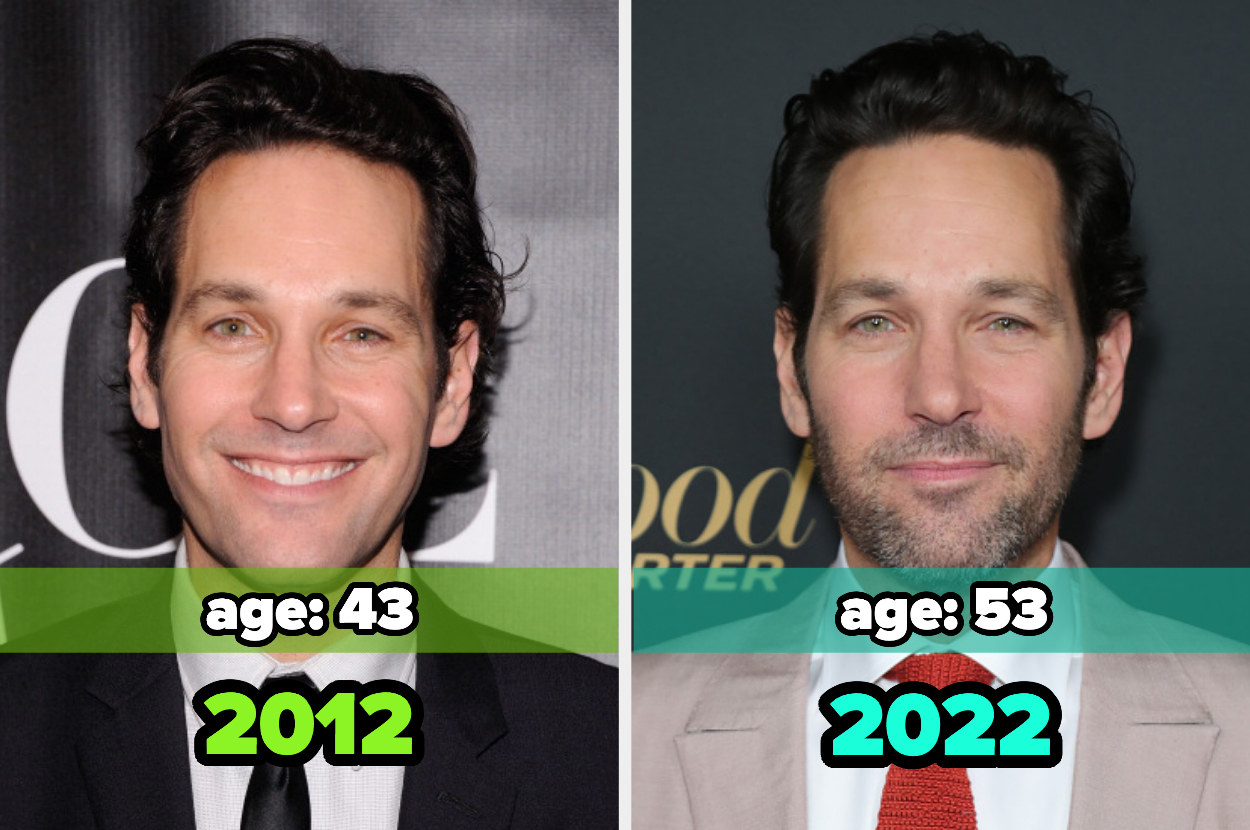 Two images: on the left, Paul Rudd in 2012 and on the right, Paul Rudd in 2022