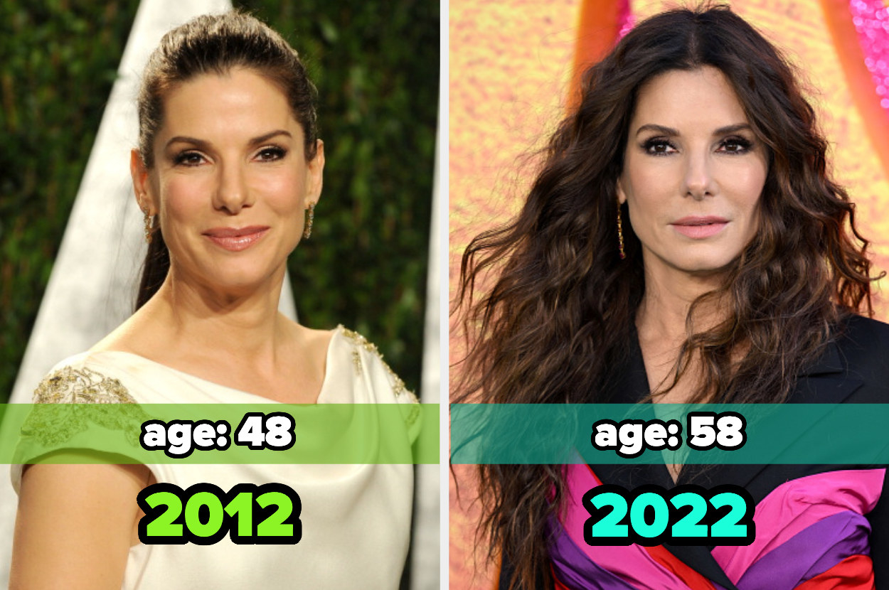 Two images: on the left, Sandra Bullock in 2012 and on the right, Sandra Bullock in 2022