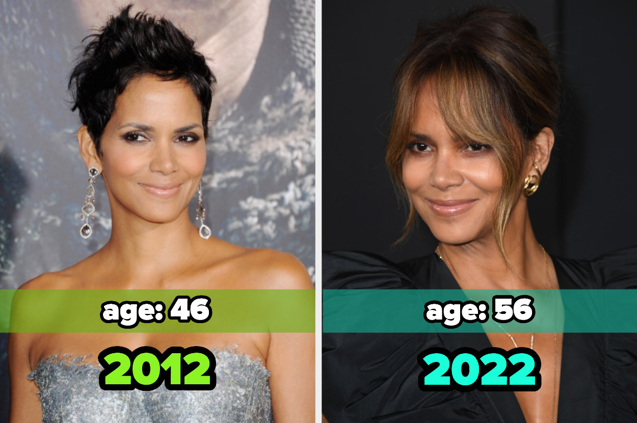 Two images: on the left, Halle Berry in 2012 and on the right, Halle Berry in 2022