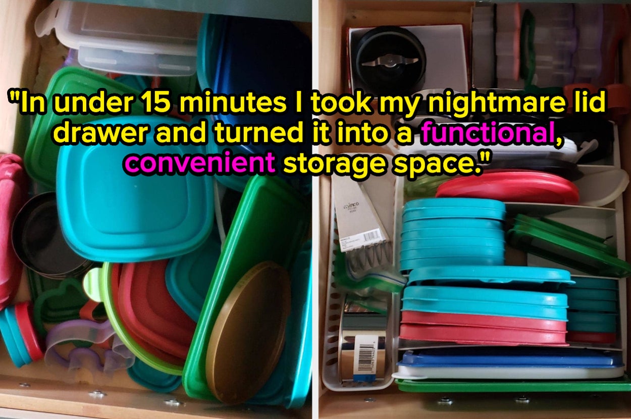 L: before photo of an drawer full of different colored tupperware lids R: the same drawer with all lids neatly organized and a review: "in under 15 minutes I took my nightmare lid drawer and turned it into a functional, convenient storage space"