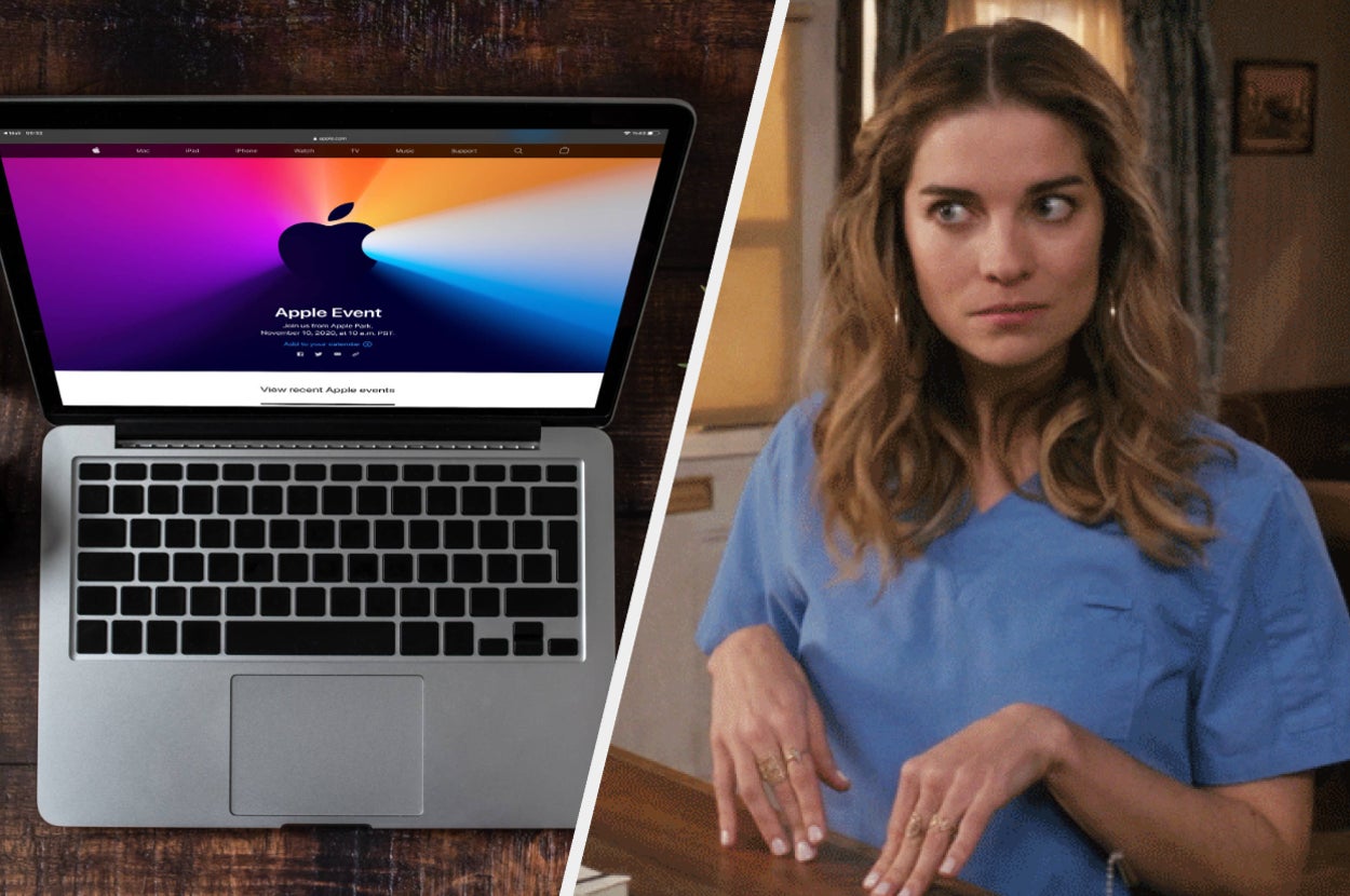 a macbook and alexis from schitt's creek looking curious